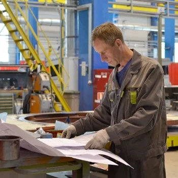 Werknemer mkb bedrijf leest bouwtekeningen van machine verkregen met subsidie.