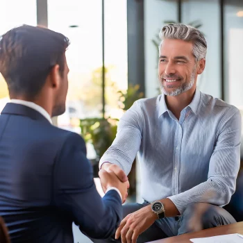 Subsidie-expert schudt hand van klant. Subsidieadvies is gegeven.