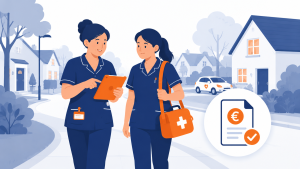 Illustratie van een begeleider en leerling-medewerker in de thuiszorg